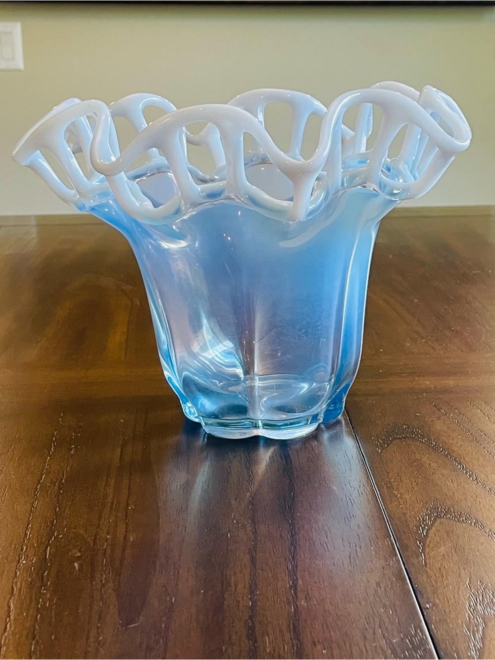 Vintage Blue Art Glass Bowl White Lattice Ruffled Rim Murano Style Centerpiece